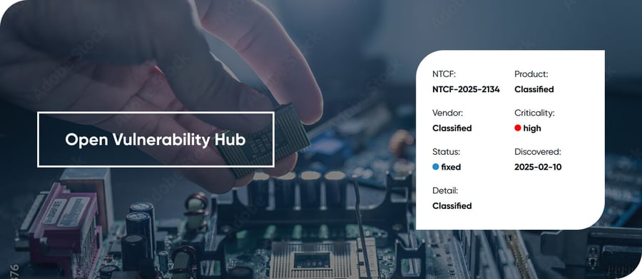 NTC Vulnerability Hub banner shows a close-up working on a hardware circuit board